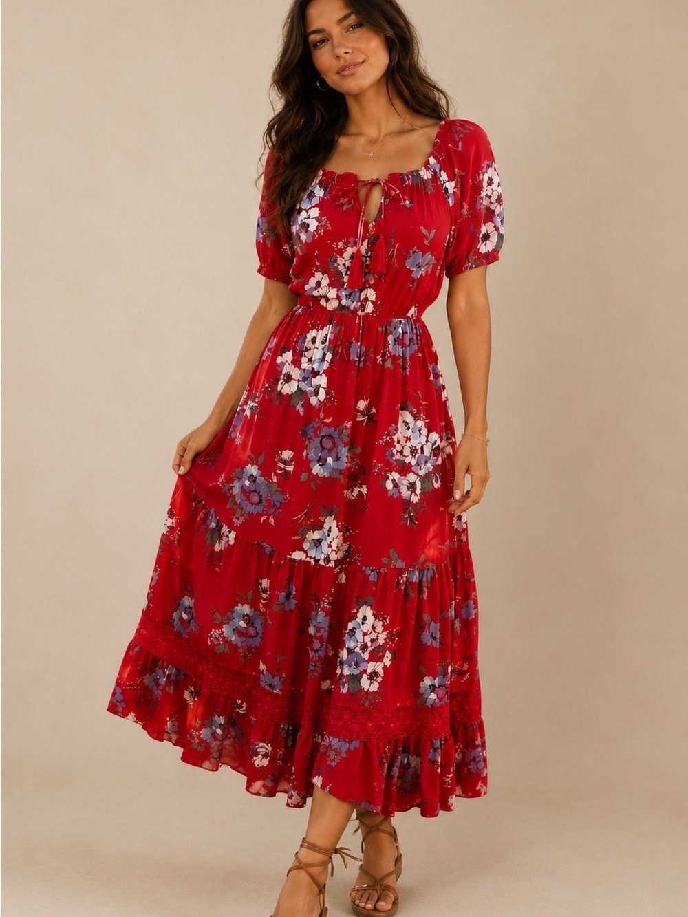 Band of Gypsies Red Blue Floral Boho Maxi Dress Tie Front Girly Long Size XS